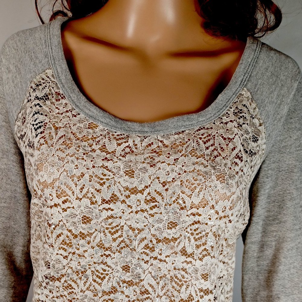 Maurices Gray Burnout Baseball Shirt Front and Back White Lace Panels Pullover